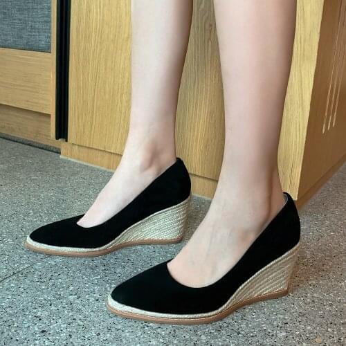 Fashion Spring/Summer Suede Leather Pumps Women Wedges Shoes Woman High Heel Shoes Ladies Vintage Platform Heels Black/Beige