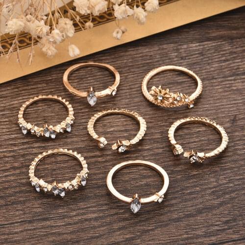 7PCS Vintage Bohemia Style Ring Set Rhinestone Antique Retro Male Punk Jewelry Female Black Amulet Vintage Rings for Women