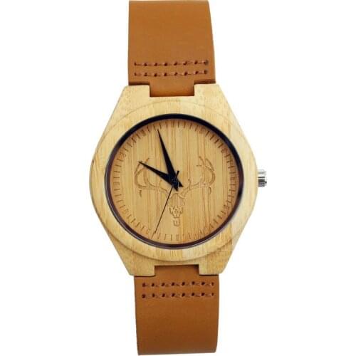 2017 New Arrival Deer Head Dial Wris Watch Natural bamboo Wristwatch With Genuine Leather Band Quartz-watch Relojes