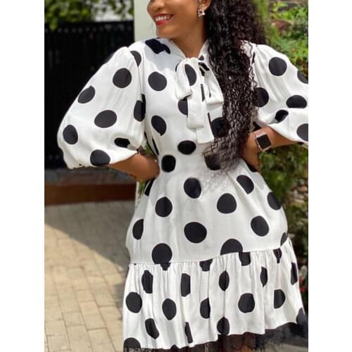 Women White Dress Black Polka Dot Printed Lantern Sleeve Mini Elegant Sweet Cute Office Ladies Gowns XXL 2021 Summer Fashion New