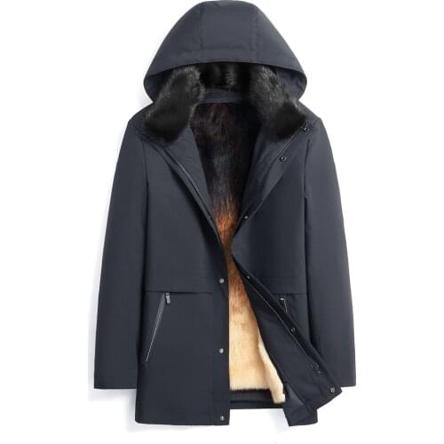 Luxury Golden Color Wolf Fur Lined Black Mink Fur Collar Men Real Fur Parkas Winter Formal Fur Clothing
