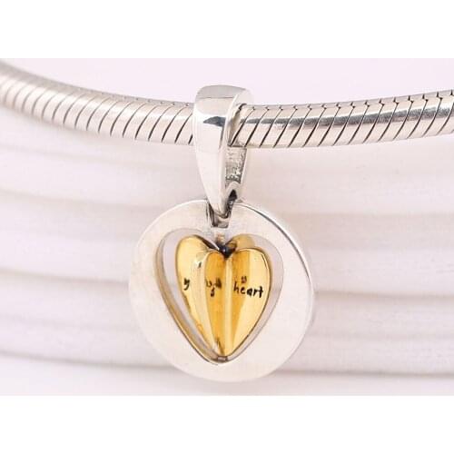 Authentic S925 Silver Shine Mums Golden Heart Pendant Hanging Bead Charm for Women Bracelet Bangle DIY Jewelry
