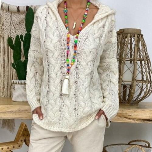 New Womens Sweater Trendy Ladies Solid Color Pullovers Hooded Sweaters Loose Casual Long Sleeve Knitted Sweater