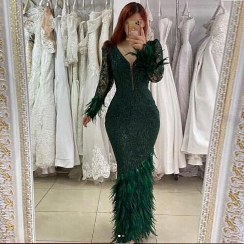 Dark Green Lace Mermaid Evening Dresses Saudi Arabia Sheer Long Sleeves Feather Prom Gowns Dubai Robe De Soiree Custom Made