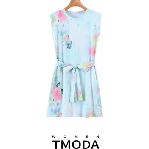TMODA1345 2021 Summer Za Women Fashion Tie Dye Short Plus Size Dresses Female Chic Sash Waist Pockets Holiday Party Mini Dress