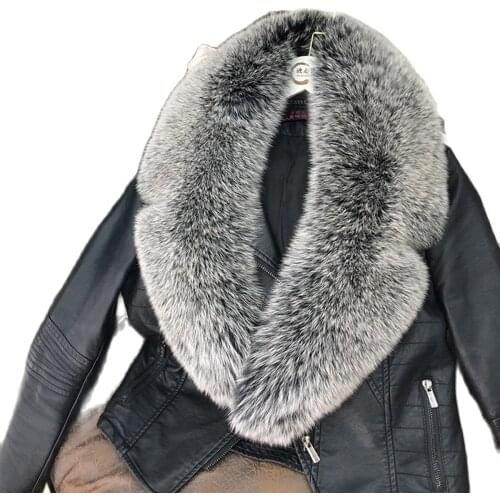 90CM Fox fur winter 100% silver fox fur collar full leather red fox scarf shawl real plush coat mens leather jacket bib fur co