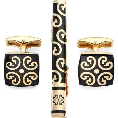 Top Quality Tie Clip Set For Mens Golden pattern Wedding Shirt Groom Square Classic Gold Color Cuff links Necktie Clip