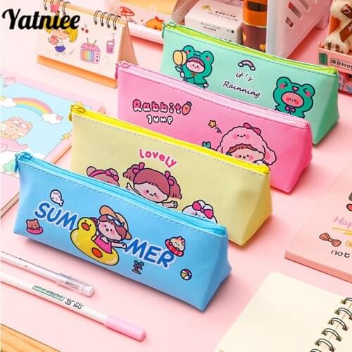 Yatniee Cartoon Girl Triangle Side Pencil Bag Student PU Material Cute Pencil Case Stationery Supply Large Capacity Pen Case