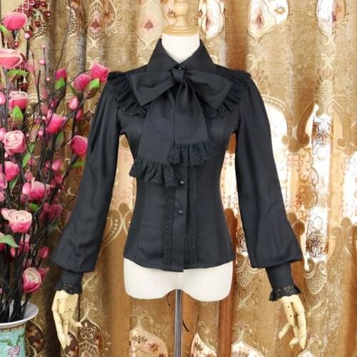 New Lolita Blouse Vintage Black White Long Sleeve Chiffon Shirt Women Stand Collar Kawaii Clothing Female Gothic Blouse SL2918