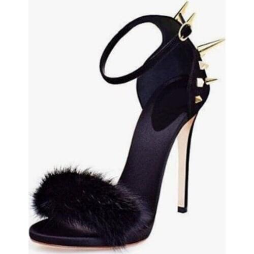 Sexy Pink Fur Women Sandals Ankle Straps Rivets Spikes High Heels Sandals Women Peep Toe Cut-outs Gladiator Sandals shoes