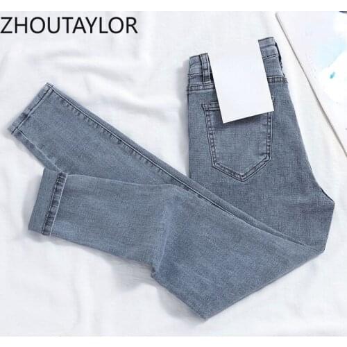 ZHOUTAYLOR Women Jeans High Waisted Button Zippers Ankle-Length Pants Femme Sweet Office Lady Autumn Female Pencil Trousers
