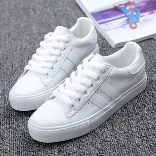 2020 Shoes Woman New Fashion Casual Platform Striped PU Leather Classic Cotton Women Casual Lace-up White Winter Shoes Sneakers