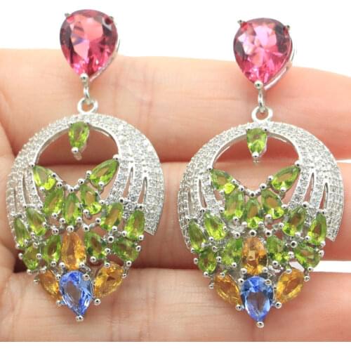 40x21mm SheCrown Jewelry Set 8.4g Pink Raspberry Rhodolite Garnet CZ Gift Women Wedding 925 Sterling Silver Pendant Earrings