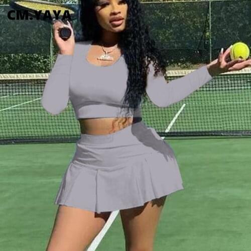 CM.YAYA Women Two 2 Piece Set Classic Long Sleeve Mini Tee Tops and Pleated Skirts Matching Set Outfits Sport Tennis Tracksuit