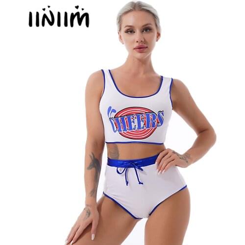 Womens Cheerleader School Girls Sexy Role Play Uniform Costume Letter Print Cropped Tank Top with Drawstring Briefs Hot Pants