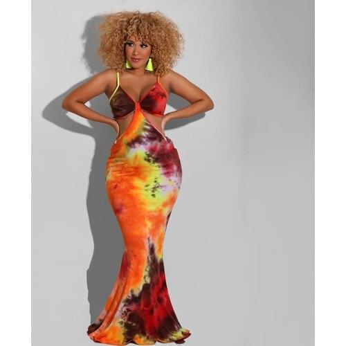 2021 Summer Printed Hollow Sling Skirt Sleeveless Halter Slim and Thin Hip Long Dress