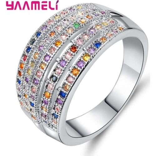 Luxury 5 Row Lines Colorful Crystal Wedding Rings For Women 925 Sterling Silver Female Rhinestone Jewelry Hollow Mujer Anillos