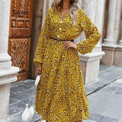 Leopard Winter Dress Women 2020 Long Sleeve V Neck Dresses Women Beach Autumn Ruffles Vintage Vestido Robe Hiver Femme