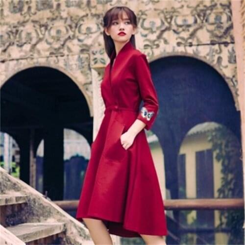 Dress Women spring /autumn New fashion High quality Embroidered dress v-neck long section slim waist retro dress women