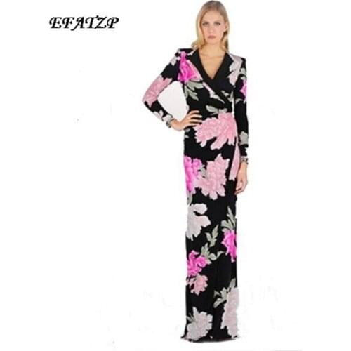 Womens 2015 Spring New Arrival Luxury Brands Long Sleeves Stunning Big Floral Print Jersey Silk Maxi long Dress