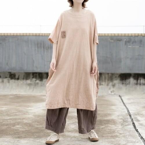 Johnature Women Vintage Patchwork Cotton Linen Dresses O-Neck Short Sleeve Robes 2021 Summer New Loose Original Female Dress