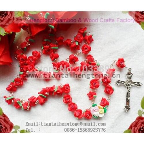 1pcs/set Handmade catholic Rosary necklace beautiful red Soft Cerami beads rose rosary catholic crucifix Necklace free ship