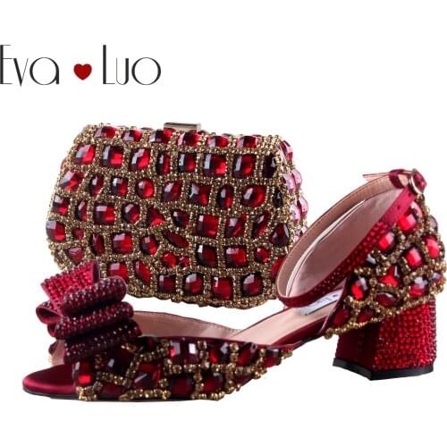 BS1144 Custom Made Block Heel Wine Red Burgundy Crystal Shoes With Matching Bag Set Bridal Wedding Shoes Women Low Heel Shoes