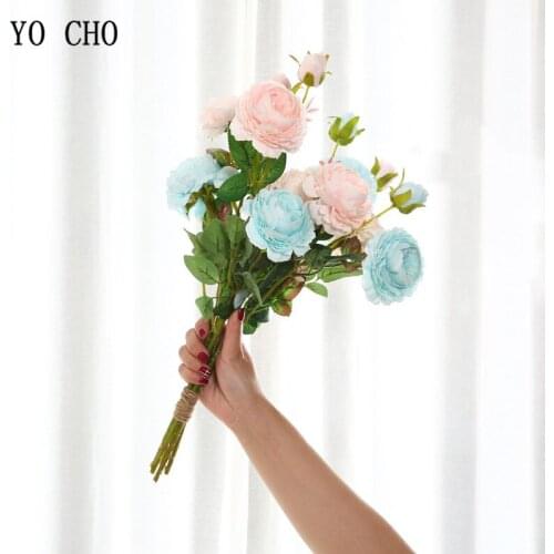 YO CHO Artificial Flower 3 Heads Silk Rose Peony Flower Arrangement DIY Bouquet Garland Fake Peony Home Party Wedding Decoration
