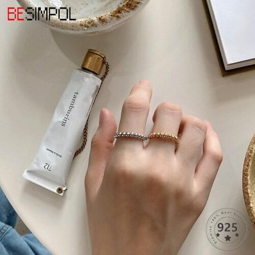 Besimpol Real 925 Sterling Silver Ring French Style Round Beads Adjustable Ring for Women Fashion Trendy Fine Jewelry Gifts