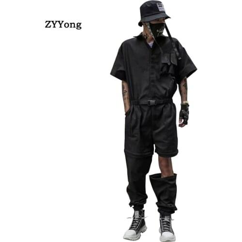 2020 New Fashion Summer Men Cargo Overalls Half Sleeve Jumpsuits Solid Joggers Knee Zipper Rompers Street Style Casual Men Pants