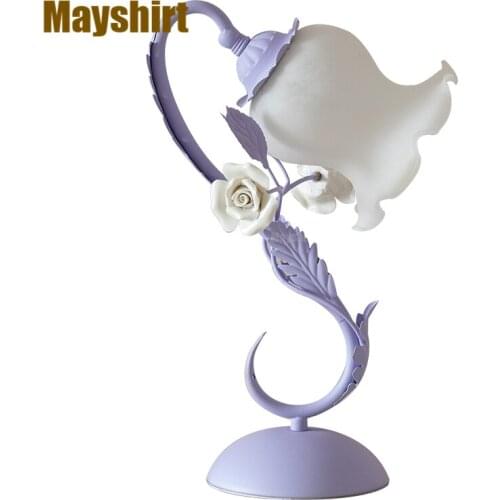 Korean Ceramic Rose Flower Table Lamps Modern Purple Nightstand Lamp Bedside Bedroom Stand Light Fixtures Girls Room Home Decor