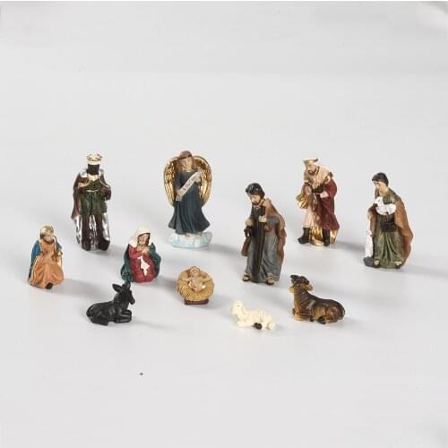 Mini Resin Jesus Nativity Figurine Souvenir Kit Virgin Mary Joseph Angel Baby Sheep Figurines Holy Family Stautes Kit