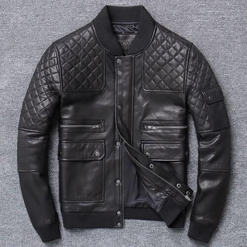Genuine Men Real Sheepskin Motorcycle Biker Leather Jacket Casual Slim Bomber Baseball Male Winter Outerwear Tops