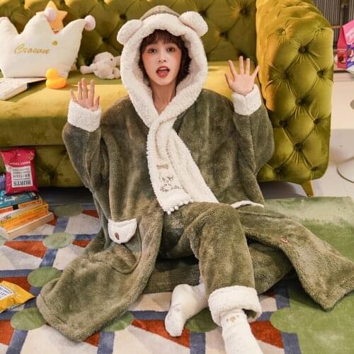New Woman Pajama Winter Sleepwear Velvet Flannel Coral Cartoon Home Suit Length To Keep Warm Extended Hooded Thickened LONG