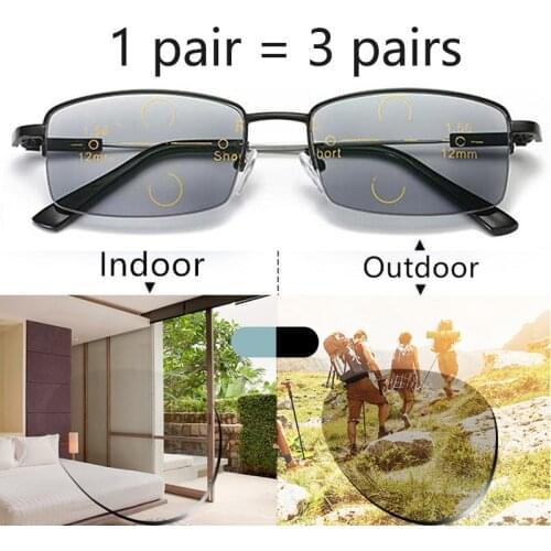 Photochromic Progressive Reading Glasses Men Women 2021 Multifocus Anti-blue Ray Presbyopic Glasses Half Rim Memory Titanium1.5