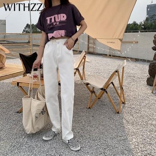 WITHZZ Spring Womens High Waist Denim Pants White Loose Straight Wide Leg Trousers Jeans