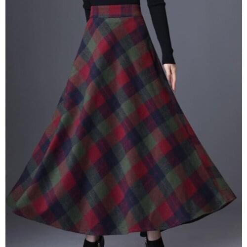 Plaid Skirt Women Long A-Line Skirt British Style Woolen Plaid Skirts Winter Vintage Wool blends Umbrella Long A-line Skirts