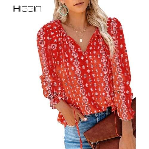 Women Chiffon Shirts For 2021 New Autumn Ladies Thin Floral Print V Neck Bandage Long Sleeve Shirt Female Casual Loose T-Shirt