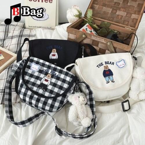 Women vintage personality embroidery bear shoulder bag Girl student canvas messenger bag ladies Fashion Crossbody Bag