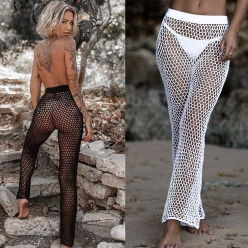 100% Handmade Fashion Summer See Through Trousers Crochet Swimsuit Cover Up Beach Pants Women