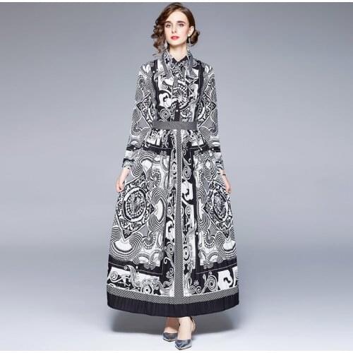 Celebrity Runway Dress Shirt Autumn Women Single Breasted Baroque Floral Print Black White Long Sleeve Maxi Dresses Female