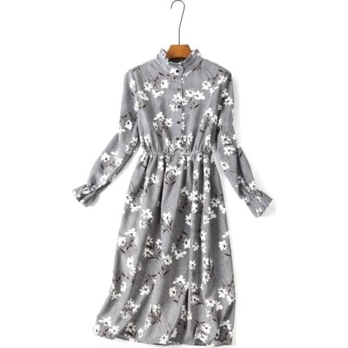 Corduroy Dress Women 2021 Autumn Winter Floral Print Midi Vintage Dress Long Sleeve Ladies Elegant Party Dresses Female Vestidos
