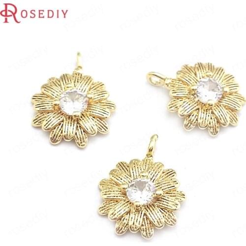 40371)10PCS 10x12.3MM 24K Gold Color Brass and Zircon Flower Charms Pendants Jewelry Making Supplies Diy Findings Accessories