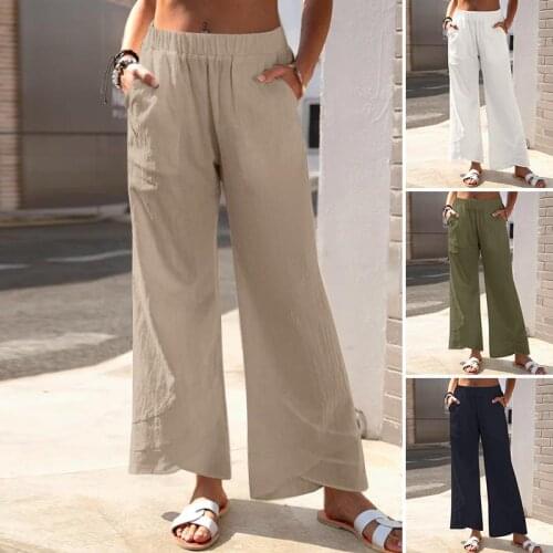 2021 ZANZEA Stylish Elastic Waist Pants Womens Asymmetrical Trousers Solid Casual Long Pantalon Palazzo Plus Size Turnip 5XL 7