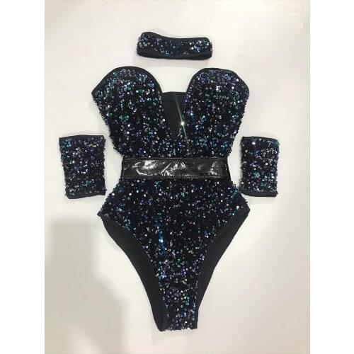 Sequins Bodysuit Bar Jazz Pole Dancing Costume For Female Rave Outfits Nightclub Dj Singer Dancer Stage Show Dancewear VDB3769