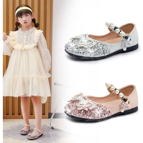 2021 Spring Autumn Girls Princess Leather Shoes Rhinestone Childrens Dancing Shoes Crystal Bow Kids Student Performance Shoes