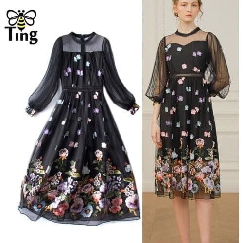 Tingfly Designer Runway Flower Embroidery Black Party Dinner Dresses Retro Elegant Midi Long Dress Summer Vestidos Large Size Za