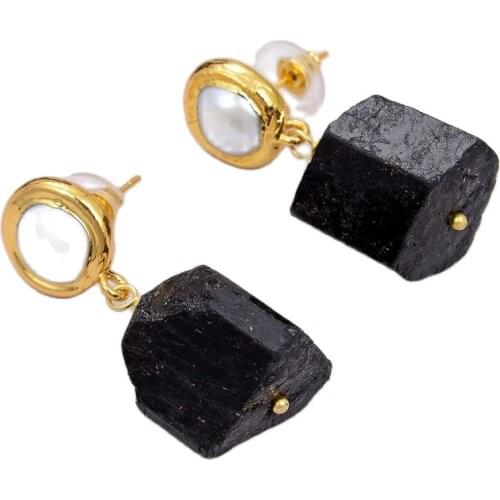 GG Jewelry Cultured White Freshwater Pearl Natural Black Tourmaline Rough Gold Color Plated Stud Earrings For Women Ethnic Style