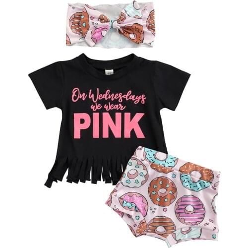 3pcs Lovely Baby Girls Summer Clothes Sets Letter Short Sleeve Tassel T Shirts Donuts Printed Shorts Headband 0-24M