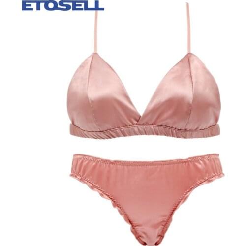 Bralette Wire Free Satin Bra Set thin Triangle cups Solid Color Bra and Panty Set Lingerie Underwear Women Brassiere